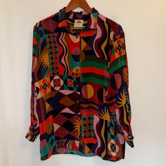🌈 Farm Rio Multicolor Abstract Print Button-Down Blouse – Size L - Picture 5 of 16